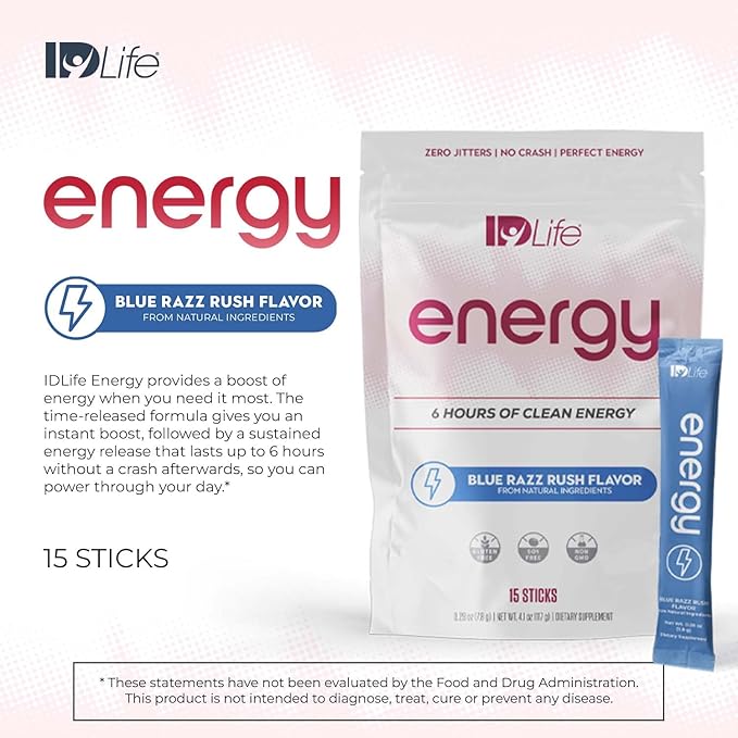 IDLife - Energy Blue Razz Rush - Time-Release Caffeine L-Theanine &amp Alpha Lipoic Acid for Clarity Stamina &amp Clean Fuel - 15 Sticks