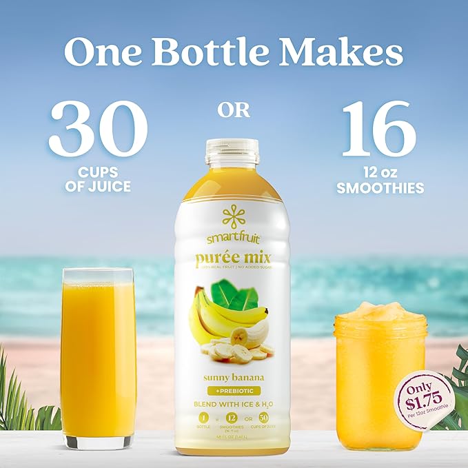 Smartfruit Sunny Banana + Oat Fiber – 100% Real Fruit Purée with Banana Apple &amp Pineapple – Great for Smoothies Juice Yogurt Cocktails Teas &amp More – High in Vitamin A – 2-Pk 48oz Each