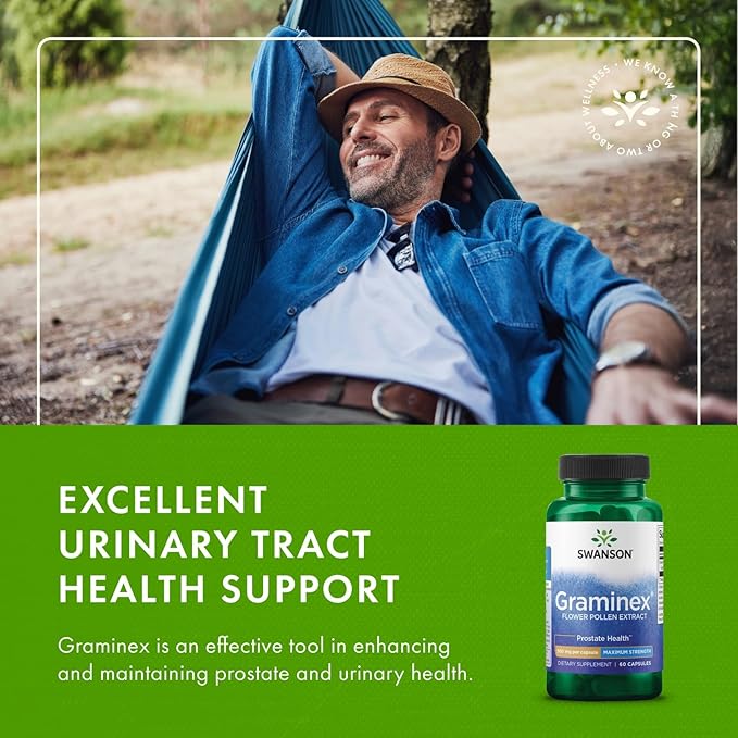 Swanson Maximum Strength Graminex Flower Pollen Extract - Supports Prostate Health Urinary Tract Function and Kidney Health - Mens Health Supplement - (60 Capsules 500mg Each) (4 Pack)