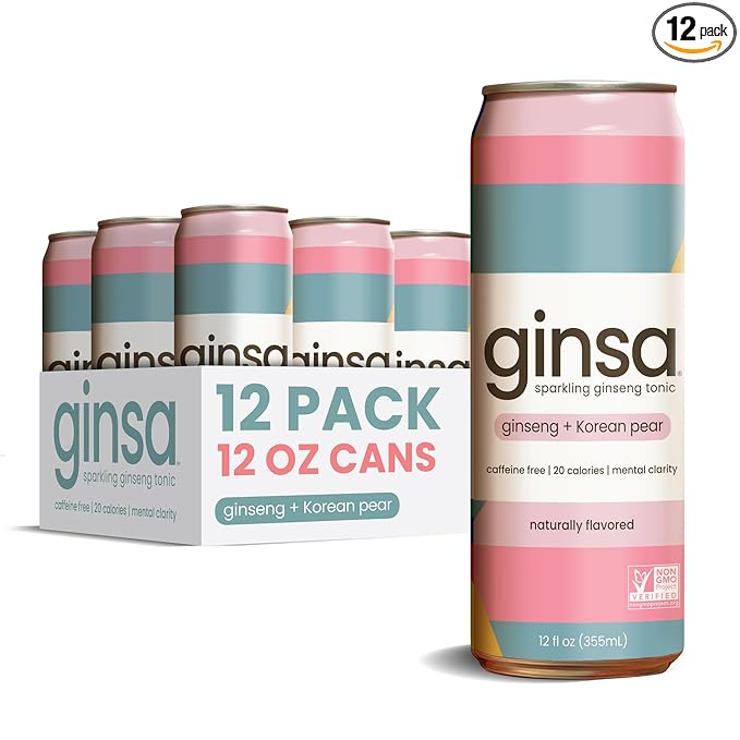 ginsa Sparkling Ginseng Energy Drink with Korean Red Ginseng | Natural Energy Booster | Non-GMO Supports Focus &amp Clarity with Pure Ginseng Root No Caffeine | 12 Pack | 12oz | Korean Pear Flavor