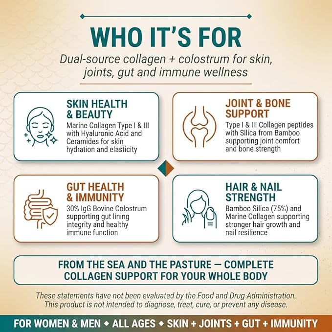 Wild Marine Collagen Peptides with Bovine Colostrum 120 Capsules Advanced Formula for Skin Joints Gut Health Immunity Support GMO-Free