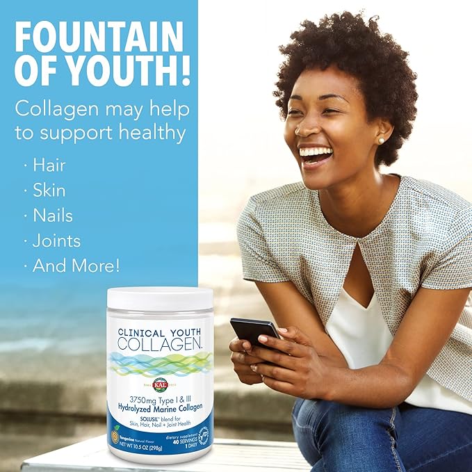 KAL Clinical Youth Collagen | Healthy Skin Hair Nail and Joint Support | Vitamin C | Natural Tangerine Flavor | 10.5oz 40 Serv.