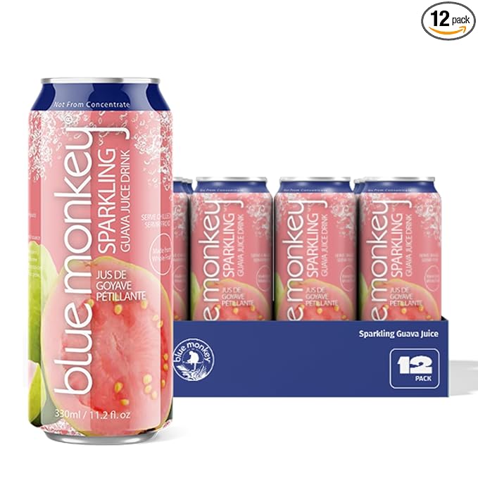 Blue Monkey Sparkling Guava Juice - Real Fruit Juice No Sugar Added All Natural Lightly Carbonated Halal Certified - Refreshing Tropical Sparkling Water Alternative - 11.2oz (330ml) 12 Pack (11.2o