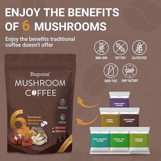 Mushroom Coffee Instant Mushroom Coffee with 6 Mushrooms Lion’s Mane Cordyceps Turkey Tail &amp Other for Energy Focus Digestion Immunity 30 Servings (2 Pack)