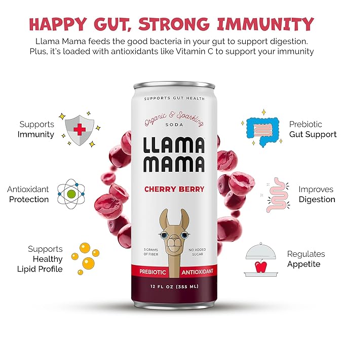 Llama Mama Cherry Berry Organic Sparkling Prebiotic Soda • Gut &amp Immune Support • High Vitamin C Antioxidants • NO Sugar • NO Artificial Sweeteners • NO Stevia • Vegan Plant Fiber • 12 Pack
