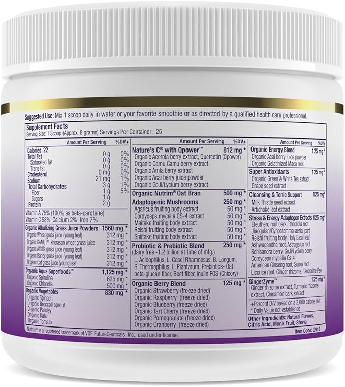 Paradise Herbs ORAC Energy Greens Berry Superfood Powder Over 40000 ORAC Antioxidants Organic Greens Berries Mushrooms &amp Probiotics Non-GMO Gluten-Free 25 Servings