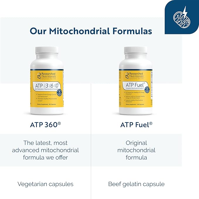 Researched Nutritionals ATP Supplements for Cellular Health &amp Energy Support - ATP Fuel - Vitamin E CoQ10 &amp NADH to Promote Mental Clarity &amp Healthy Mitochondria (150 Capsules)