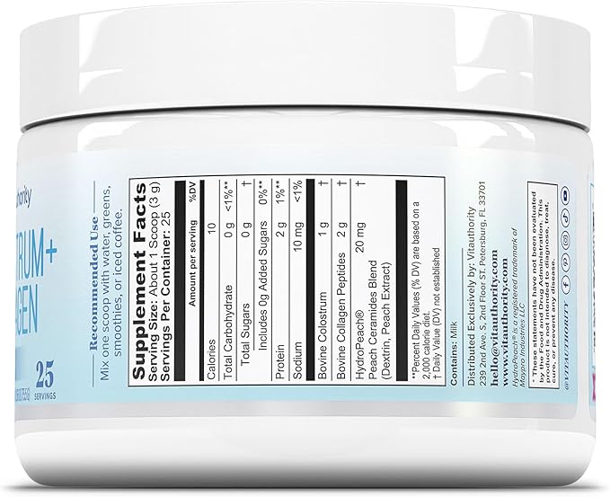Colostrum Collagen Peptide Protein Powder Hydrolyzed HydroPeach Gut Health Skin &amp Immune Support | 1g Bovine Colostrum 2g Collagen Peptides 20mg Peach Ceramides Blend Unflavored 25 Servings No S