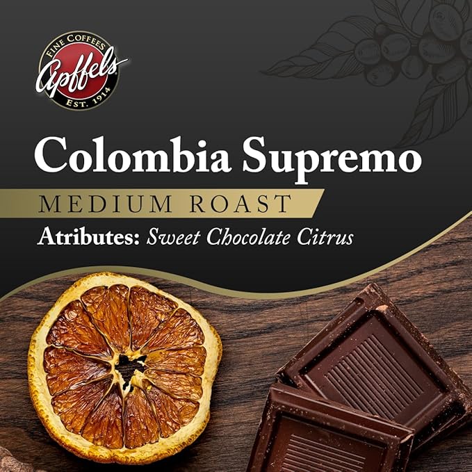 Apffels Colombian Supremo - Whole Bean Medium Roast 100% Arabica Coffee (2lb Bag)