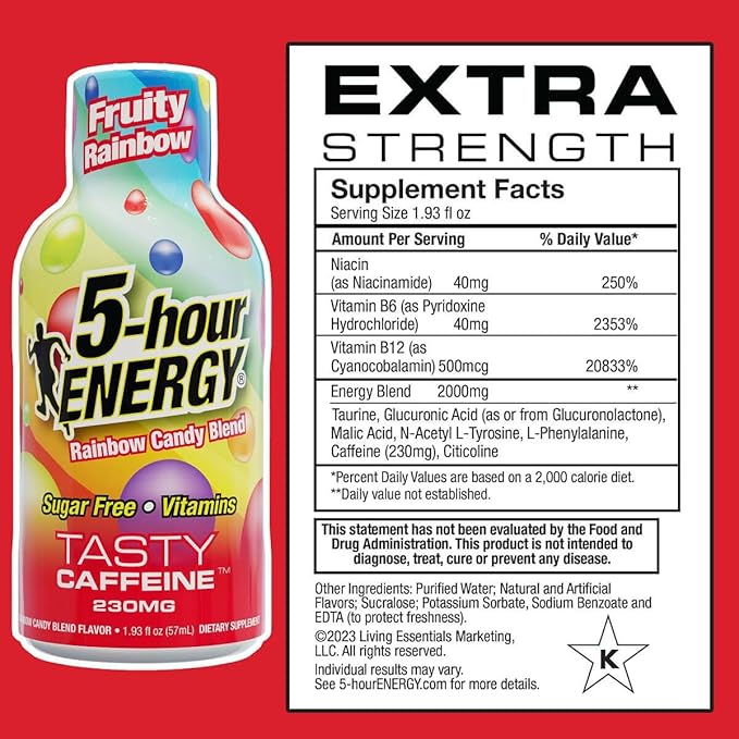 5-hour ENERGY Extra Strength Shots Birthday Cake Fruity Rainbow Cotton Candy Variety Pack 1.93 Fl oz 30 Bottles (12 Cotton Candy 12 Birthday Cake and 6 Fruity Rainbow)