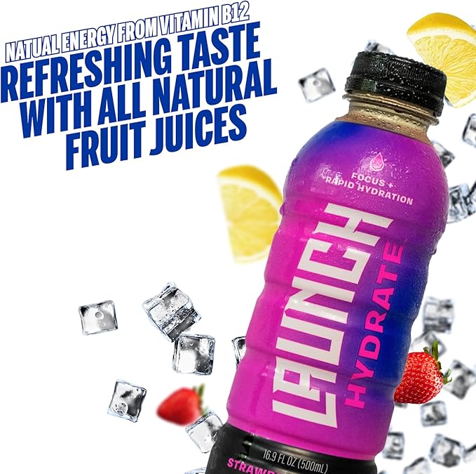 Sports Drink: Strawberry Lemon Flavor - 16.9 Oz (12 Pack) Energy Drink + Hydration Real Cane Sugar Electrolytes Cognizin for Focus Vitamin B12 Energy Boost L-Glutamine Hydration Formula No Arti