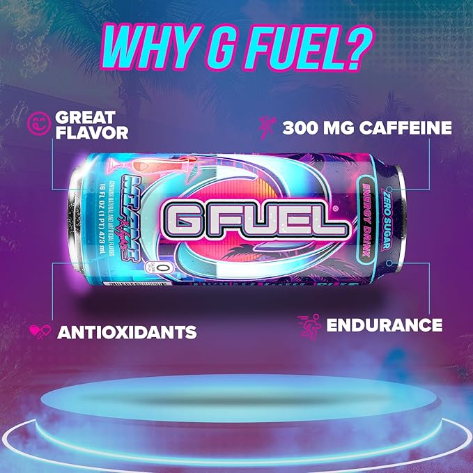 G Fuel Energy Drink Strawberry Pina Colada Sugar Free Beverage with 140mg Caffeine Daily Energy Boost with Focus Amino Vitamin + Antioxidants 16 oz Cans (Miami Nights 12-Pack)