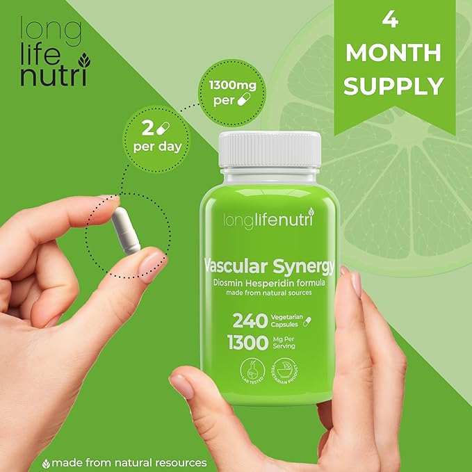 LongLifeNutri Diosmin Hesperidin Complex Vascular Synergy 1000mg/300mg for Optimal Circulation &amp Vein Support: 240 Capsules 120 Servings 4-Month Supply Made in USA