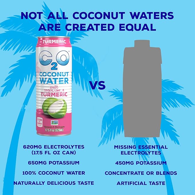 C2O - Coconut Water with Ginger Lime &amp Turmeric (12 Pack) - Made with Fresh Coconut Water - Plant Based - Non GMO - Canned Water - Natural Hydration Electrolytes &amp Potassium - 12 Cans 17.