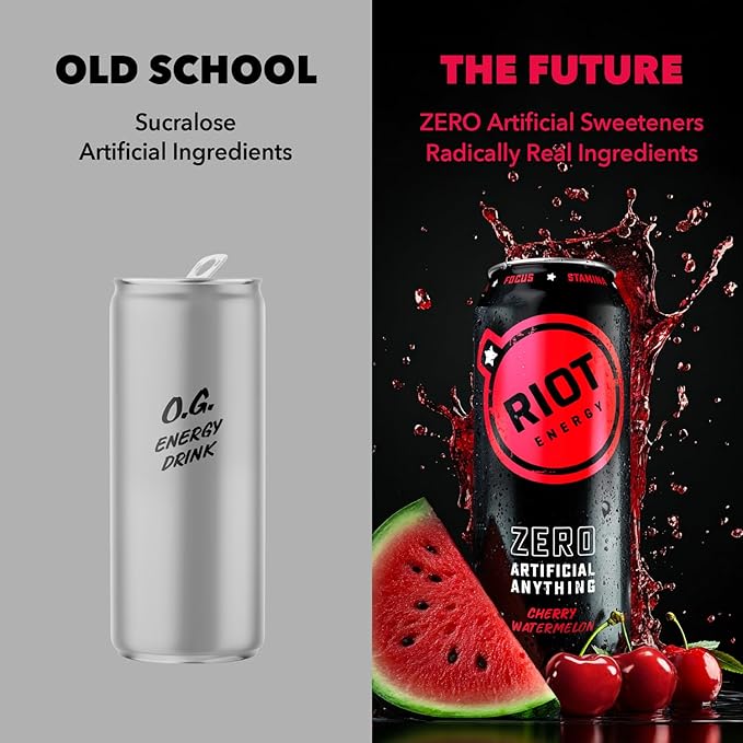 RIOT Clean Energy Drink – Cherry Watermelon | No Sucralose No Sugar Added No Artificial Flavors | 160mg Natural Caffeine + 100mg L-Theanine | Clean Focus &amp Smooth Energy | 16 Fl Oz (Pack of 12)