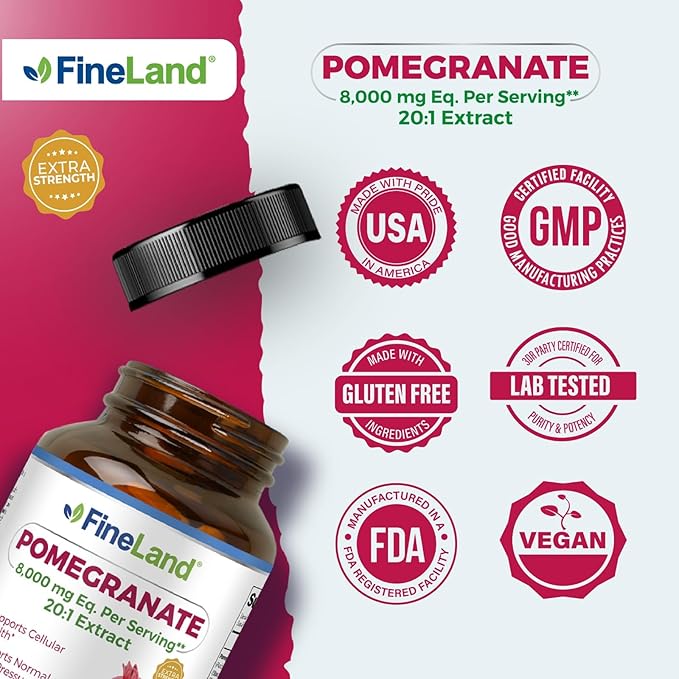 FineLand Pomegranate Extract 20:1 40% Ellagic Acid Standardized Antioxidant Supplement for Cellular &amp DNA Health 120 Veg Capsules 4-Month Supply