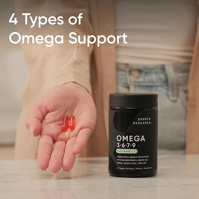 Sports Research® Vegan Omega 3-6-7-9 - 1200 mg of Multi-Spectrum Omega Fatty Acids Certified Non-GMO Formula with Sea Buckthorn &amp Borage Oil - 90 Veggie Softgels