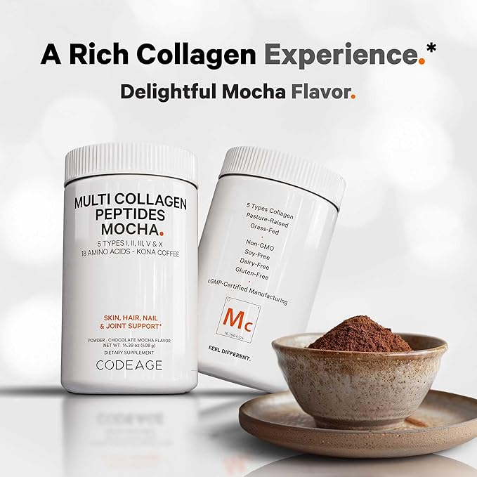 Codeage Multi Collagen Peptides Protein Powder - Chocolate Mocha Instant Coffee - Gourmet Knoa Coffee Drink &amp Shake - Collagen Type I II III V &amp X - Grass-Fed Hydrolyzed Non-GMO - 14.39oz