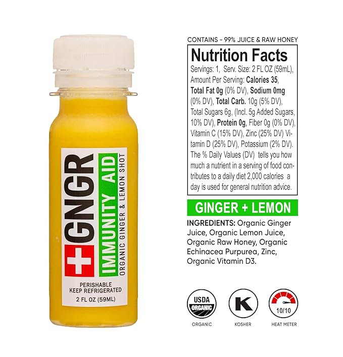 +GNGR 12 Shots Variety Pack of Organic Ginger Shots. Cold Pressed Preservative free. Ginger Juice Turmeric Root Lemon &amp Orange Juice Caynne Pepper. 2fl oz (Pack of 12)