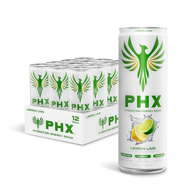 PHX Hydration Energy Drink - 700mg Electrolytes 200mg Natural Green Tea Caffeine 100% Daily Value 8 Essential Vitamins - 12 oz Cans (12 Pack) (12 Pack Lemon Lime)