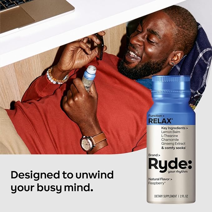 Ryde: Relax Shot | Raspberry Flavor | Lemon Balm L-Theanine Ginseng &amp Chamomile | 0 Calories 0 Sugar | 2 FL OZ Shots | Helps You Relax* (8 Pack)