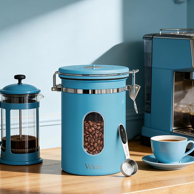 Veken Coffee Canister with Window Easter Gifts Airtight Stainless Steel Container with Lids Home Kitchen Food Storage Jars for Grounds Beans Tea Flour Cereal Sugar Basket Scoop 22OZ Blue