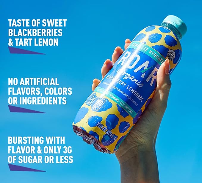 ROAR Complete Hydration Organic - Electrolyte Drinks Loaded with Vitamins C B5 B12 - Non-GMO Gluten-Free - Blackberry Lemonade - 12 pc
