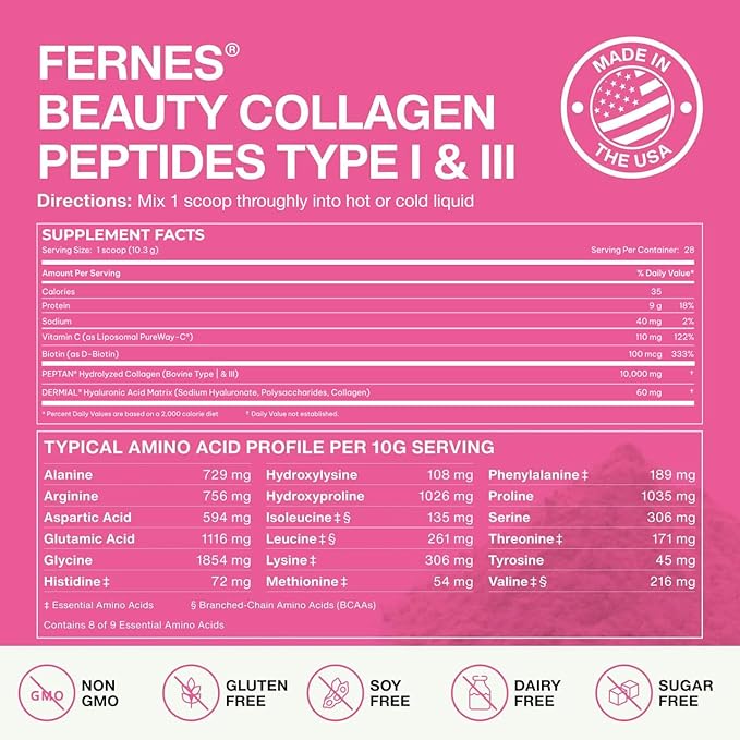 Advanced Collagen Peptides Powder for Women - Hyaluronic Acid Biotin &amp Vitamin C Hydrolyzed Protein Hair Skin Nails &amp Joint Support - Grass Fed Type I &amp III Keto Paleo Kosher 9.88 oz