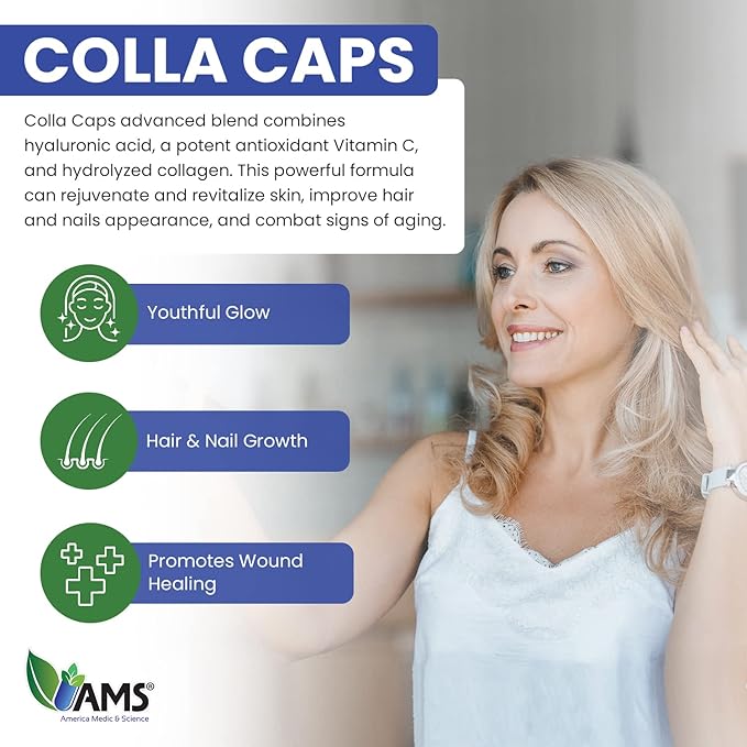 America Medic &amp Science Colla Caps (60 Caplets) | Collagen and Hyaluronic Acid Supplement with Vitamin C | for Men and Women | Repairs and Restores Skin Elasticity | Promotes Healthy Hair Growth