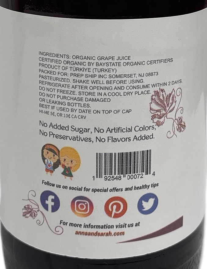 Anna and Sarah 33.8 Oz Organic Grape Juice - USDA Organic Certified - Glass Bottle (4 Pack) No Sugar No Artificial Colors No Preservatives No Flavors Added Not from CONCENTRATE