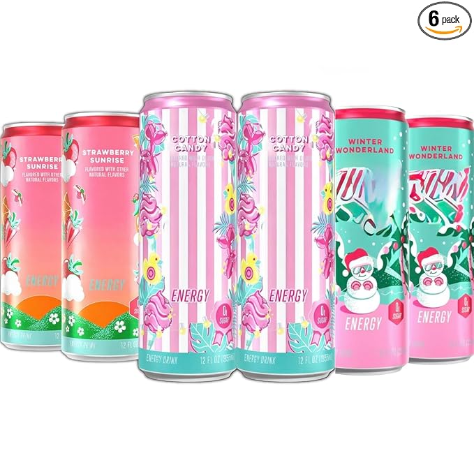 New Alani Energy Drinks Strawberry Sunrise Winter Wonderland Cotton Candy Variety Pack Sugar-Free Low-Calorie Energy Boost Drink 12 fl oz (Pack of 6) (Packaging May Vary)