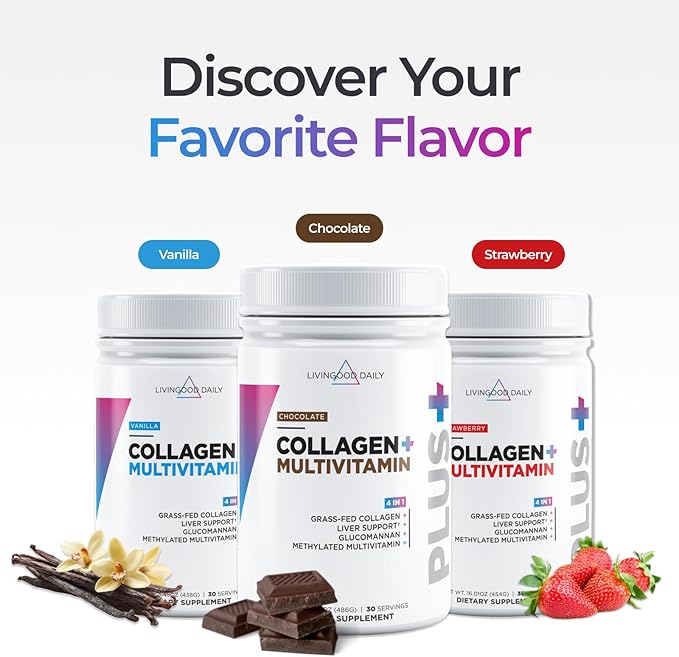 Livingood Daily Collagen Powder for Women and Men Vanilla Grass Fed Protein Hydrolyzed Collagen Peptides with Vitamin C &amp Multi Vitamins for Hair Skin Nail &amp Gut Health Gluten Free 30 S