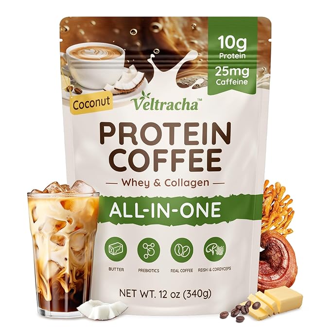 Grass Fed Whey Protein Coffee Collagen Protein Iced Coffee - 10g Protein &amp 0g Sugar Made with Cordyceps Reishi &amp Butter Natural Energy without Jitters Coconut 20 Servings