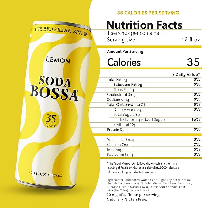 Soda Bossa Sparkling Lemon Flavor Low-Calorie Gluten Free &amp Guilt-Free Drink - Natural Craft Soda - 8-12 FL OZ Cans/Box (Pack of 1 Box)