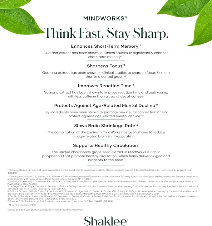 Shaklee MindWorks® - Brain Health Supplement for Brain Sharpness &amp Focus - Supported Nutrients &amp Extracts - Chardonnay Grape Seed Polyphenols Guarana Extract Vitamins B6 B12 Folate - 30 Ta