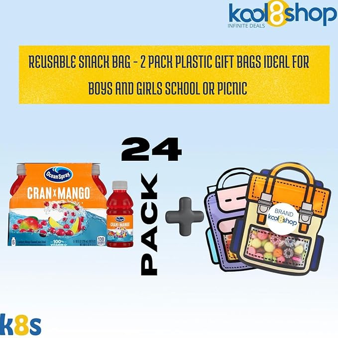 Ocean Spray Cran Mango Fruit Juice Drink 10 fl oz Plastic Bottles 24 Pack + 2 Reusable Snack Bags by KOOL8SHOP Infinite Deals