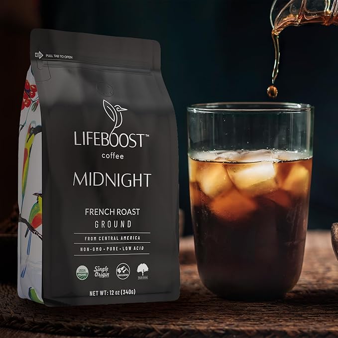 Lifeboost Midnight French Roast Coffee Ground - Non-GMO Single Origin USDA Organic Low Acid Coffee French Roast - Third Party Tested For Mycotoxins &amp Pesticides - 12 Ounces