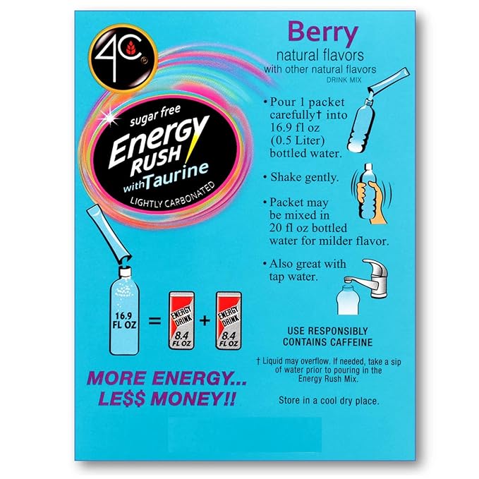 4C Energy Rush Stix Berry 6 Pack 18 Count Single Serve Water Flavoring Packets Sugar Free with Taurine On the Go Bundle