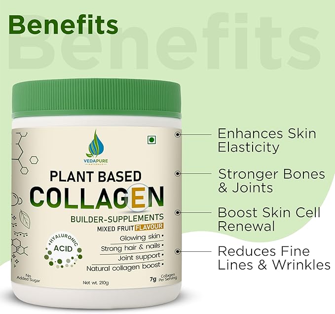 VEDAPURE Plant Collagen Peptides Powder | 7.05 oz Plant Based Vegan Organic Powder peptide Drink Mix with Hyaluronic Acid Biotion Vitamin E &amp C Healthy Skin Joints Hairs Nails