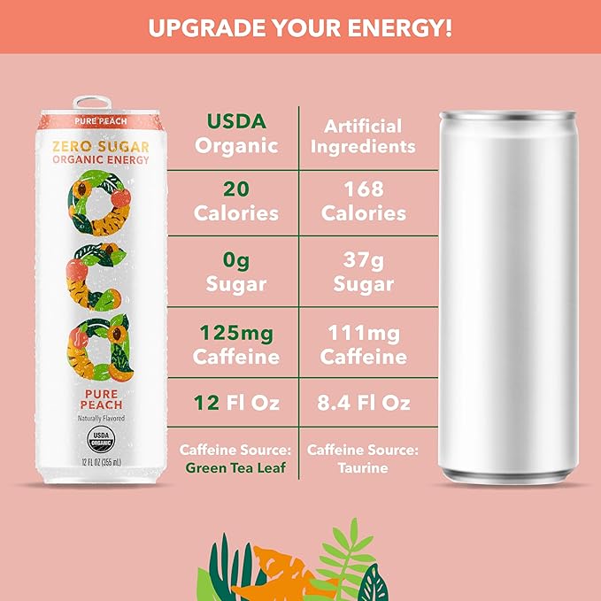 OCA ZERO Pure Peach Organic energy drink zero sugar gluten-free vegan plant-based 12 Fl Oz (12-pack)