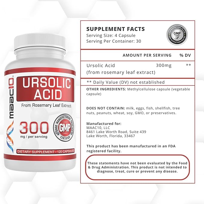 MAAC10 Ursolic Acid 300mg - Sourced from Rosemary Extract AMPK &amp Sirtuin Activator - Third-Party Lab Tested