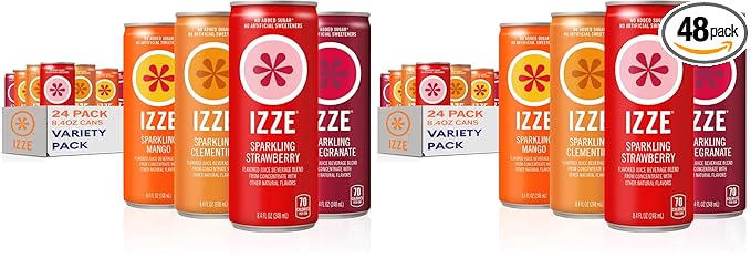 IZZE Sparkling Water Juice Beverage Blend Dawn Variety Pack Mango Clementine Strawberry Pomegranate No Sugar Added 8.4 FL OZ (Pack of 48)