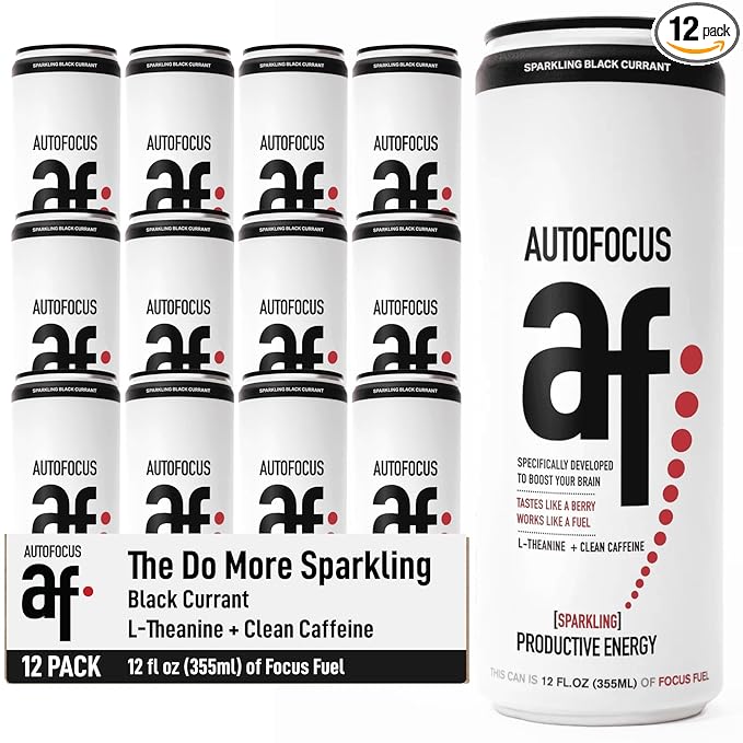 AUTOFOCUS Sparkling Energy Drink - Sparkling Focus Drink with Coffee Fruit &amp L-Theanine - Clean Caffeine Brain Booster - No Added Sugar Sparkling Productivity Drink - Black Currant - 12oz (Pack of