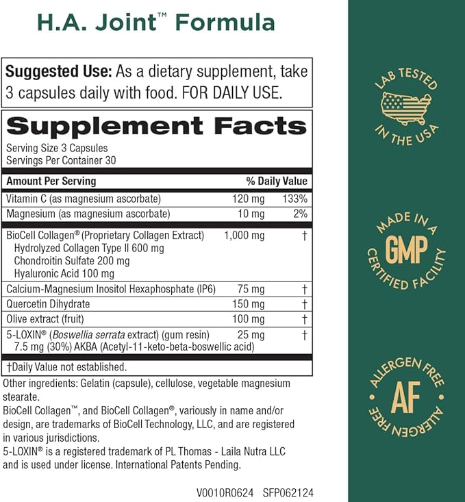 Purity Products HA Joint Formula Hyaluronic Acid + Key CoFactors - Joints + Skin Multi Collagen (Type I II &amp III) - 5-Loxin - Olive Fruit Extract - Joint Flexibility + Mobility - 90 Caps