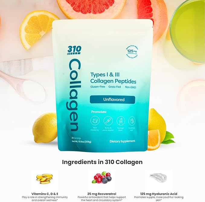 310 Nutrition Hydrolyzed Collagen Peptides Powder for Women &amp Men - Grass-Fed Collagen Supplement w/Hyaluronic Acid Resveratrol Vitamin CD &amp E for Skin Hair and Nails - 30 SRV Unflavored