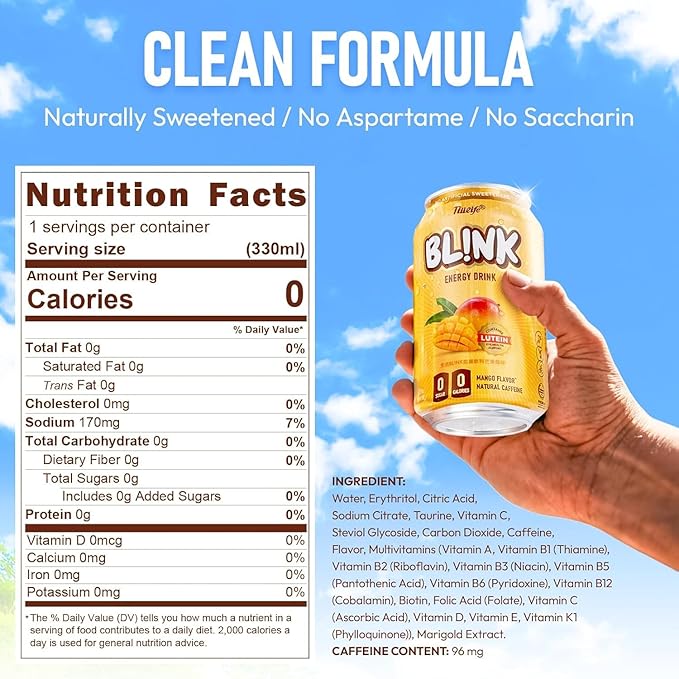 NÜLIFE BL!NK Zero Sugar Sparkling Energy Drink 96mg Natural Caffeine Contains Lutein Clean Energy Drink No Artificial Sweetener Mango Flavor 11.16 Fl Oz (Pack of 12)