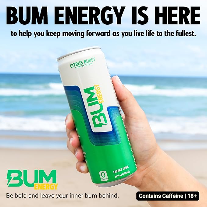 BUM Sugar-Free Energy Drink Citrus Burst - Lightly Carbonated &amp No Artificial Colors Natural Caffeine &amp Citicoline for Energy &amp Focus Brain Boost &amp Workout Sports Beverage - 12 oz