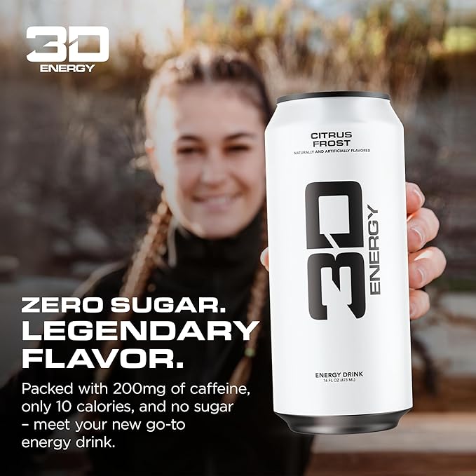 3D Energy Drink – Sugar Free 200mg Caffeine Pre Workout Taurine L-Carnitine Lightly Carbonated 16oz Cans 12 Pack - Citrus Frost
