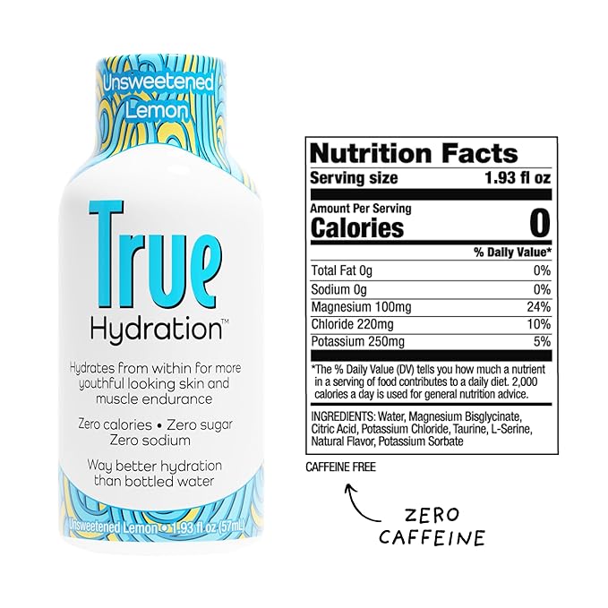True Hydration Electrolyte Shots 24-Pack – Supports Sleep Quality Daily Wellness &amp Muscle Cramps – Magnesium Potassium &amp Taurine – Zero Sugar Zero Sodium – Unsweetened Lemon