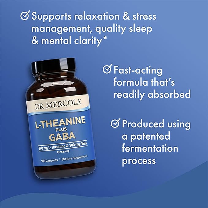 Dr. Mercola L-Theanine Plus GABA - 200 mg of L-Theanine and 100 mg of GABA (Gamma-Aminobutyric Acid) per Serving - 180 Capsules (90 Servings)